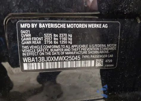 2021 BMW 530I xDrive из США, поврежденный, VIN WBA13BJ0XMWX25045